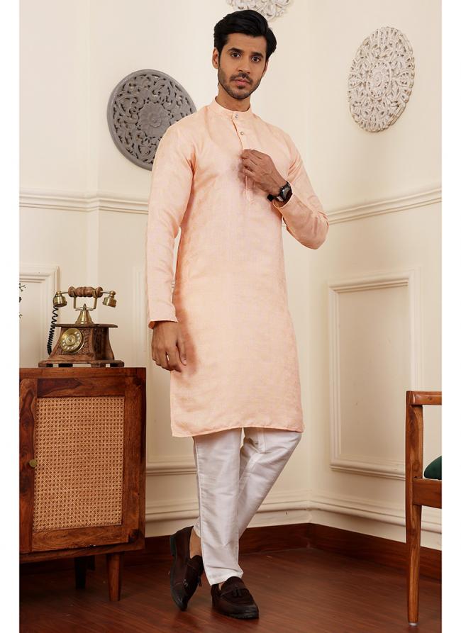 Viscose  Peach Traditional Wear Weaving  Readymade Kurta Pajama